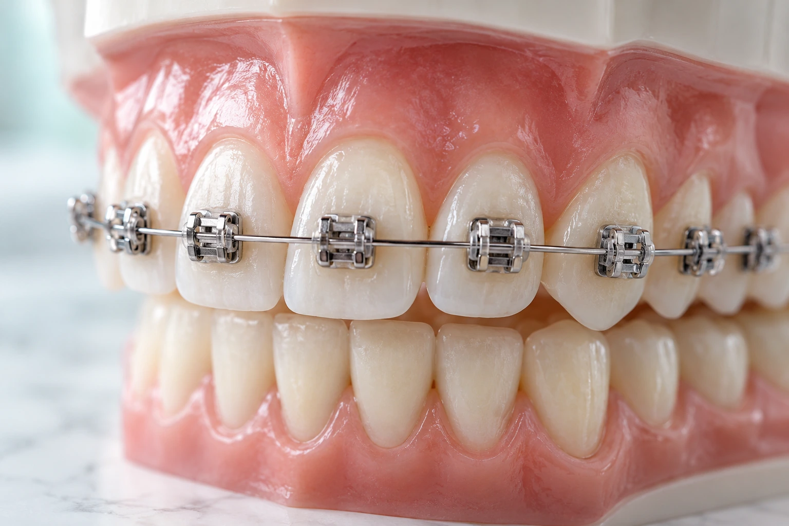Close-up of a dental model with fixed braces