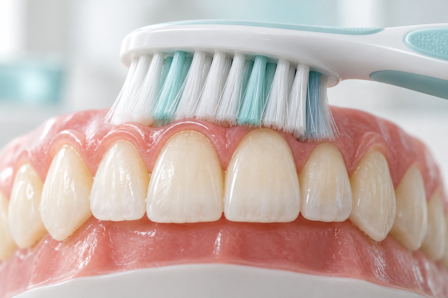 Toothbrush cleaning the gum line of a dental model
