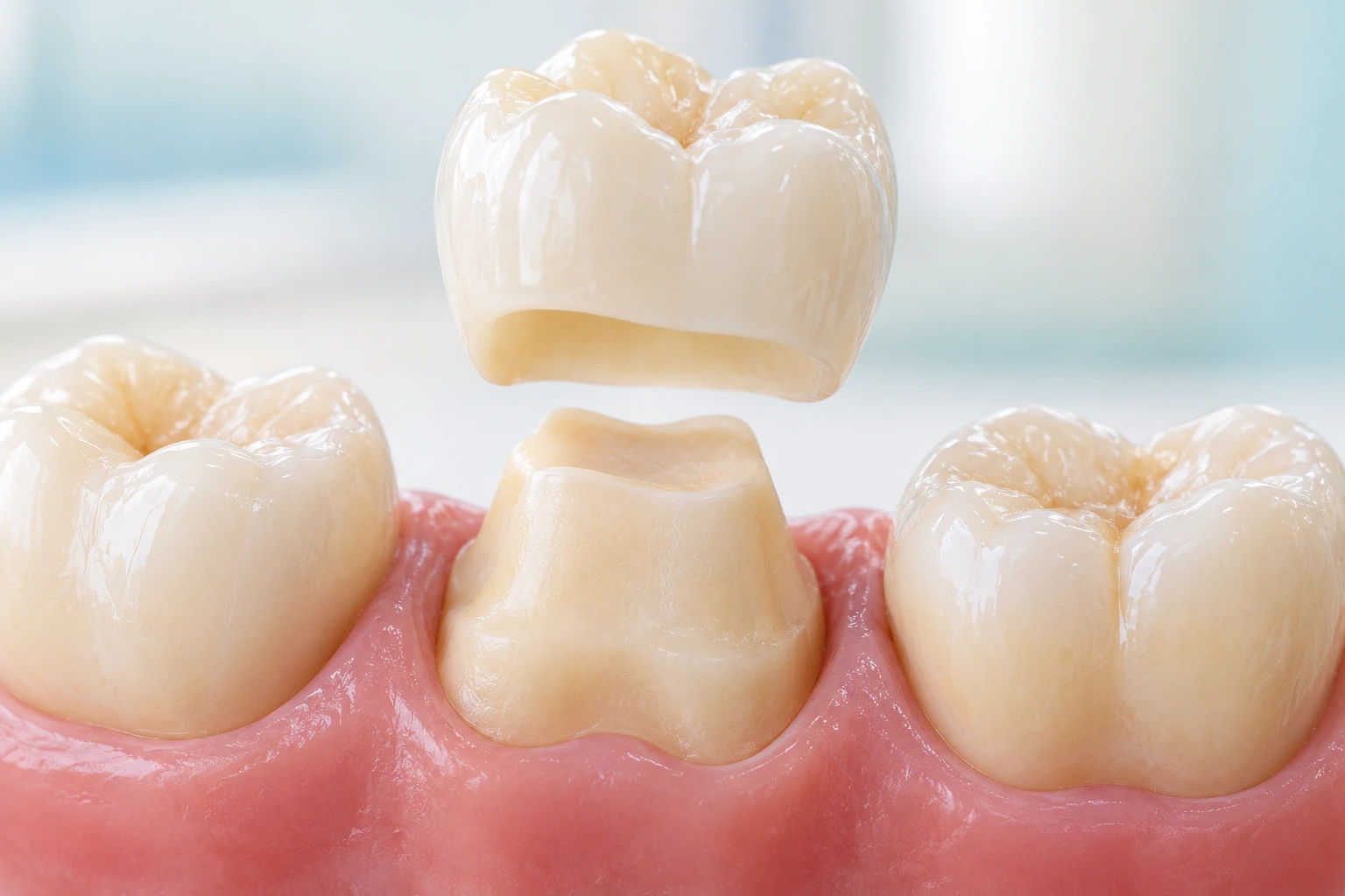 Ceramic crown positioned above a prepared tooth model