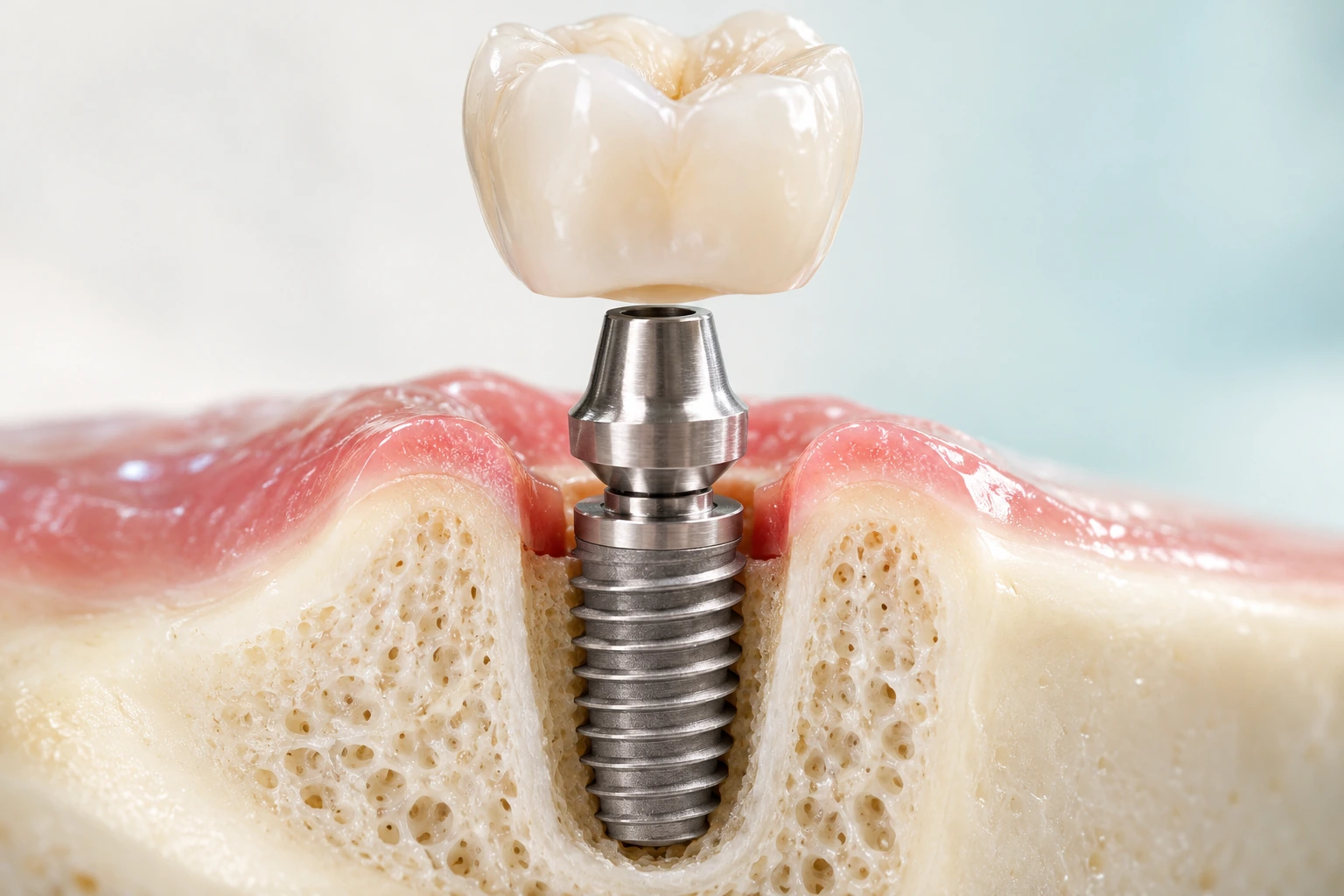 Dental implant model showing crown, connector and titanium implant