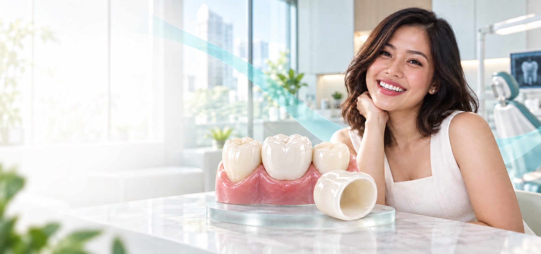 Zirconia Crown illustration and smiling patient