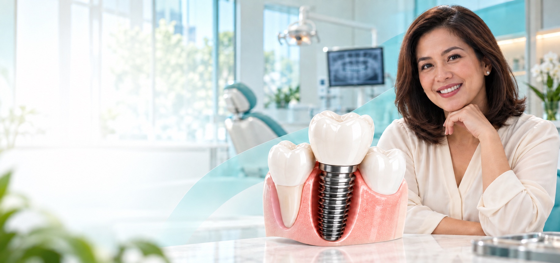 Dental Implants illustration and smiling patient